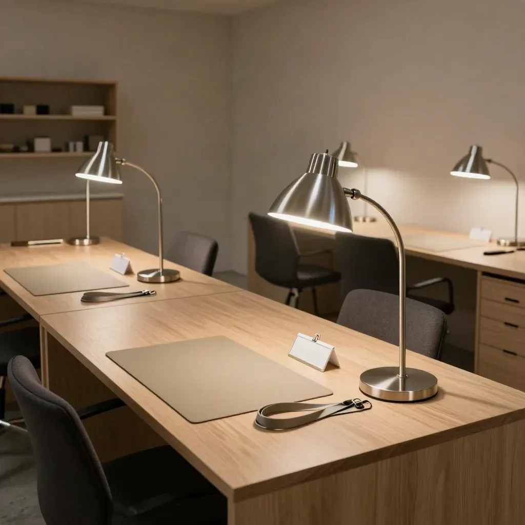 Three staffed workstations with lamps, blank badge trays, and tucked chairs in a quiet office suite.
