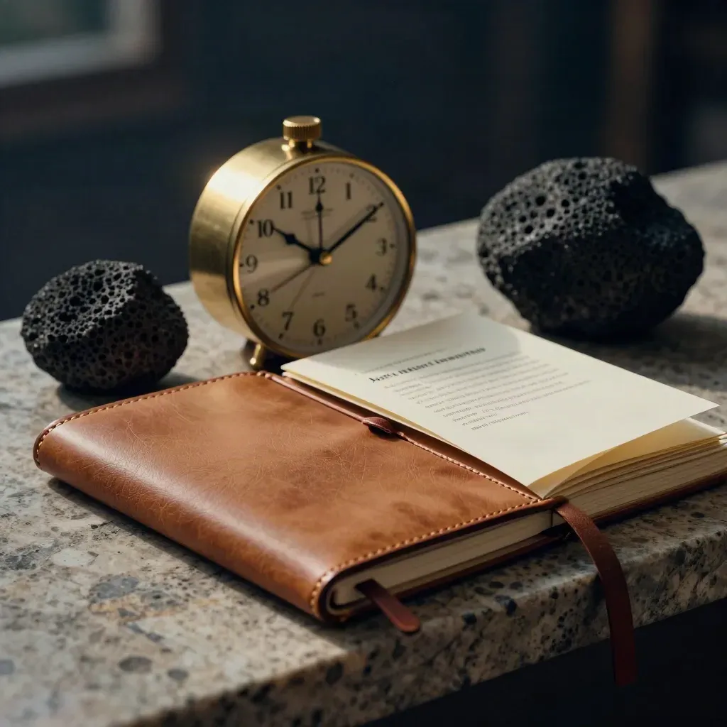 Macro still life of a leather notebook, brass clock, paperweight, and folded advisory folio.