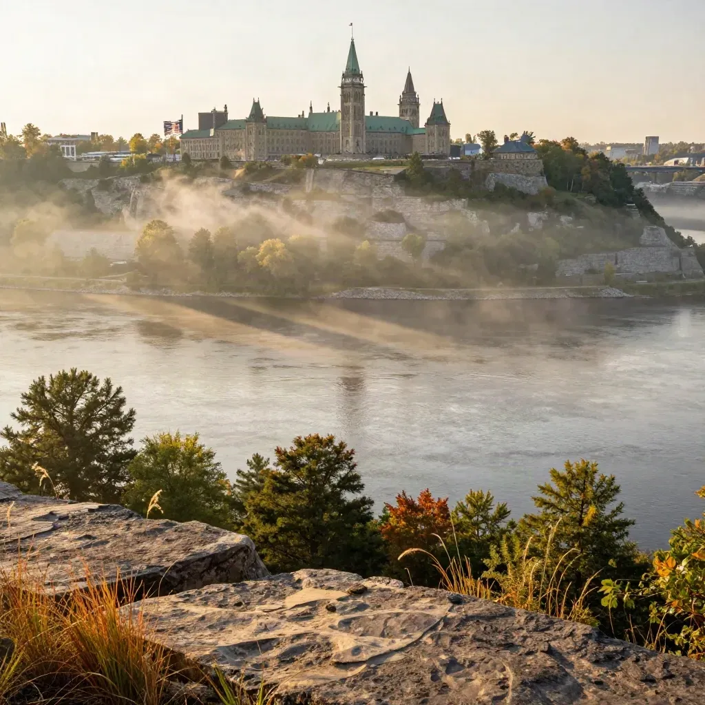 Amber haze over the Ottawa River valley with Parliament Hill above treed banks and river fog.